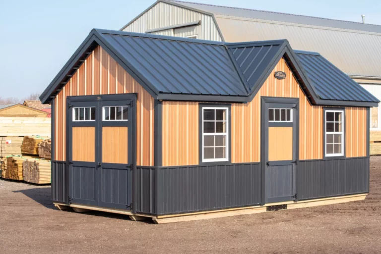 Cabin-style shed with bronze siding and black trim.